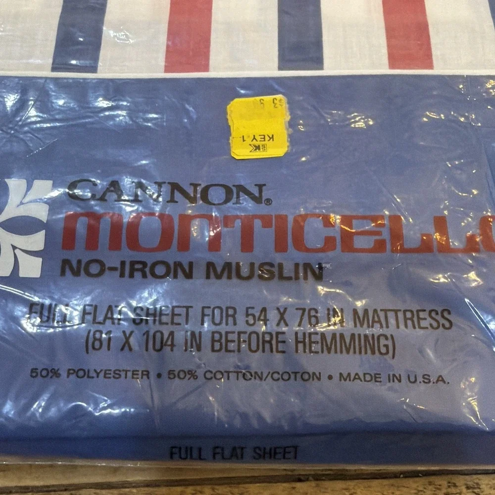 VTG USA 70/80s CANNON MONTICELLO RED WHITE BLUE FULL SZ FITTED & FLAT SHEET SET
